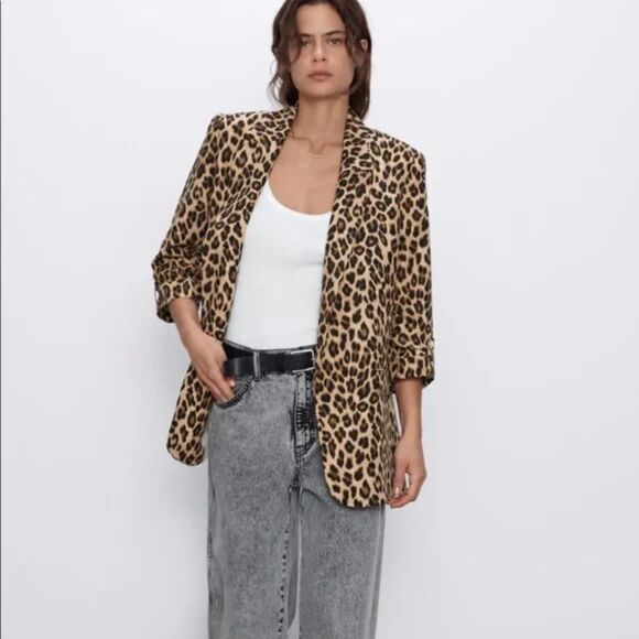 Zara Jackets & Blazers - Zara Leopard Animal Print Blazer Jacket Women's M Brown Black 3/4 Sleeve Cuffed